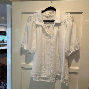 Anthropologie White Linen Collared Contrast Stitch Blouse, Size L